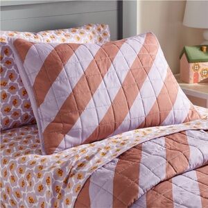 2!!!! PILLOWFORT NWT kids stripe quilted shams -purple/brown -standard